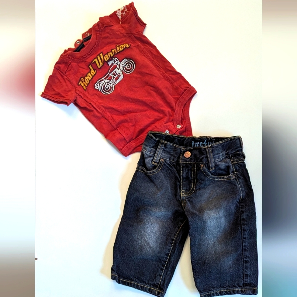 Red Warrior Onesie and Denim Shorts Set 3-6M